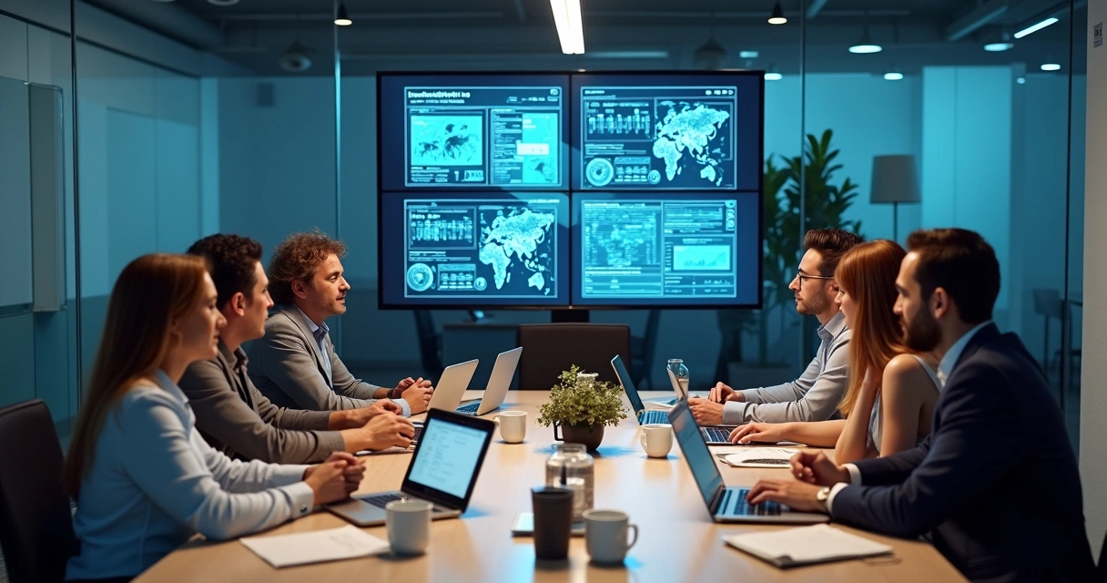 Equipe reunida analisando banco de dados para IA 