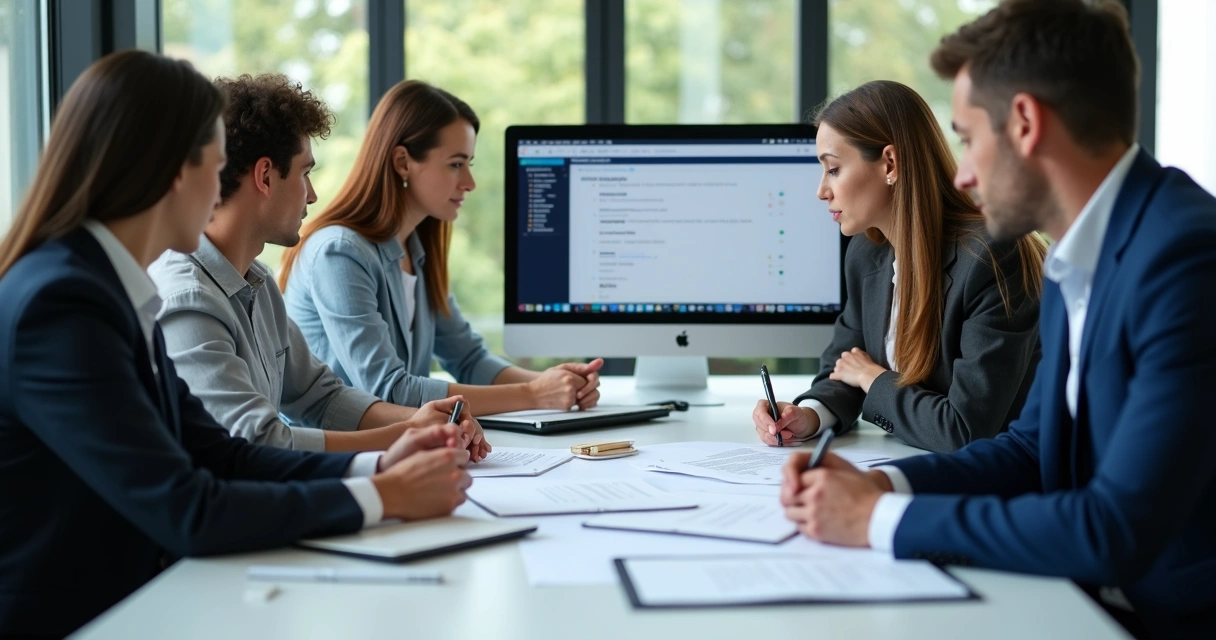 Equipe reunida revisando documentos de habilitação