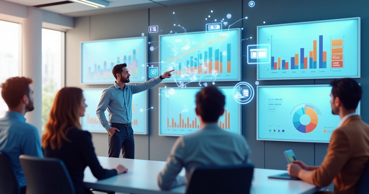 Equipe analisando relatório financeiro em telas digitais 