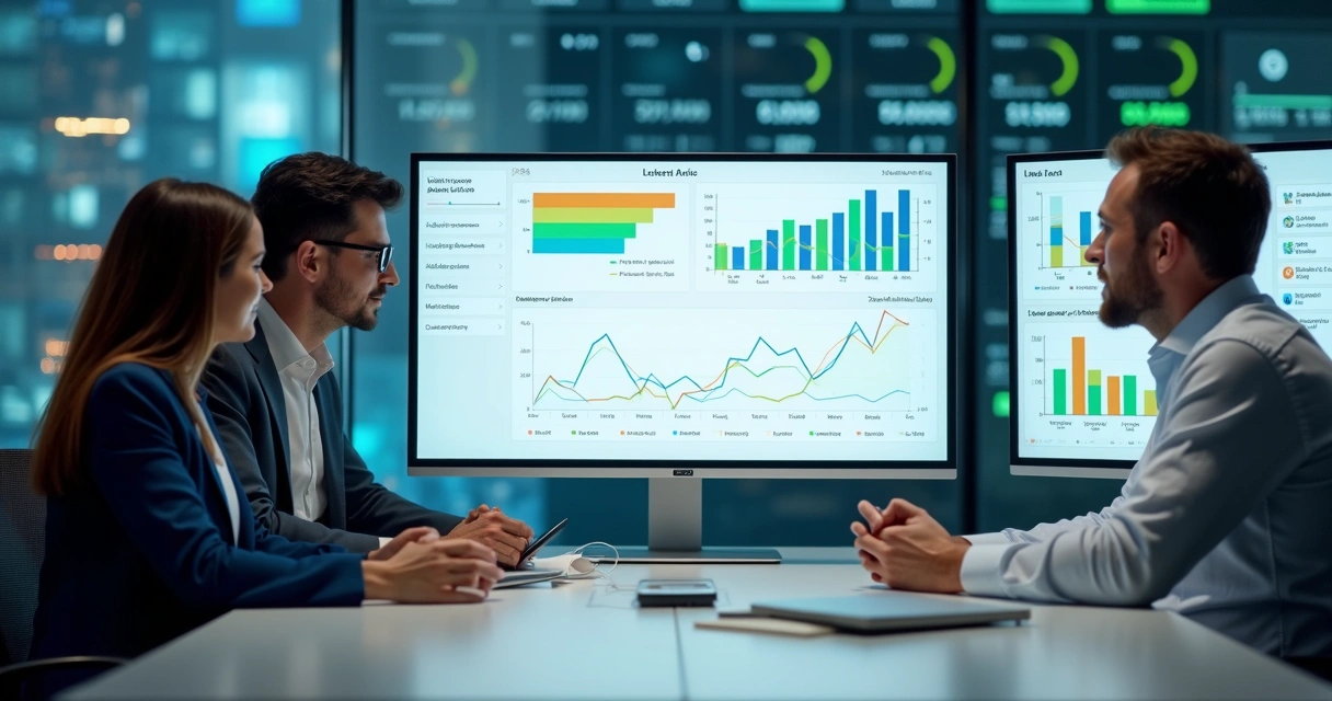 Três profissionais analisando dados de vendas em monitores com IA