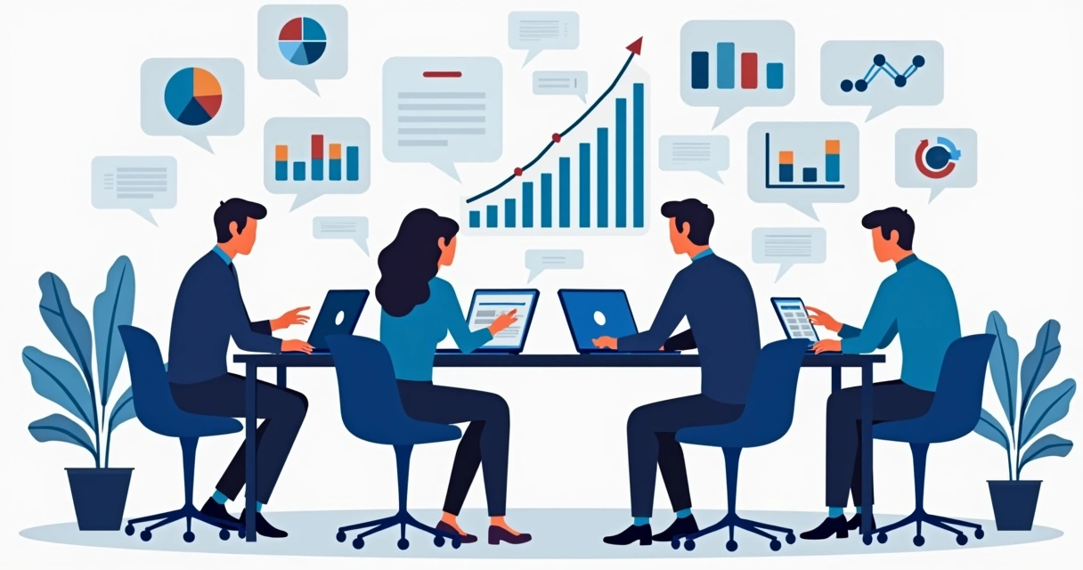 Equipe de pré-vendas trabalhando em conjunto com gráficos de conversão e ferramentas de CRM ao fundo 