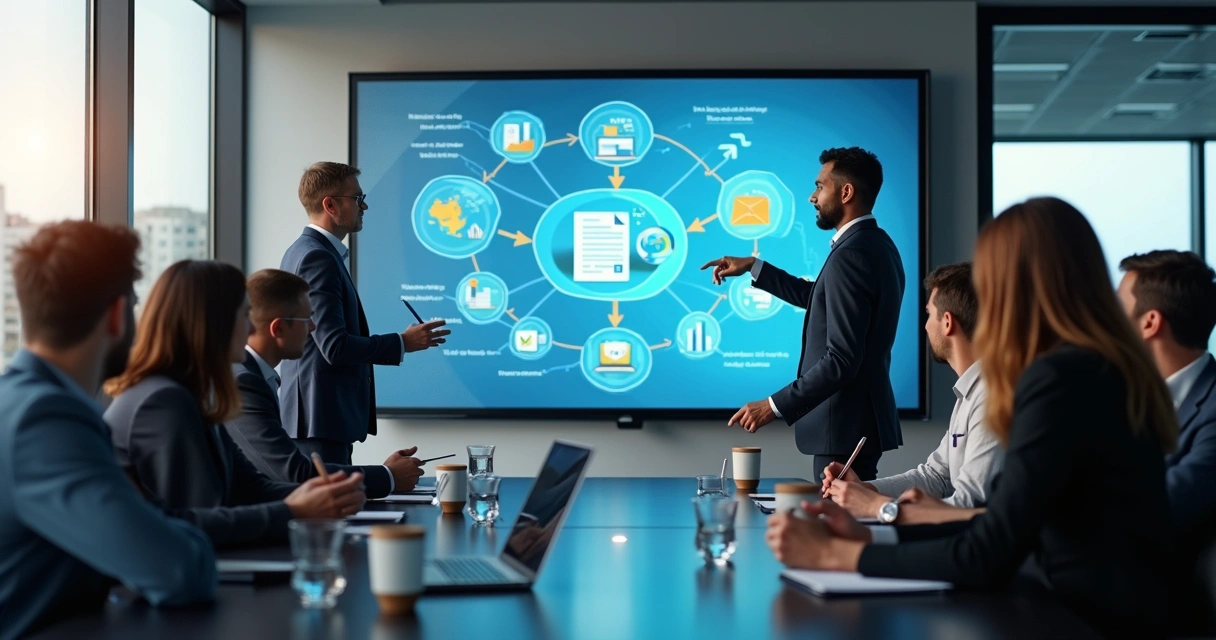 Equipe reunida ao redor de tela mostrando fluxo fiscal digital