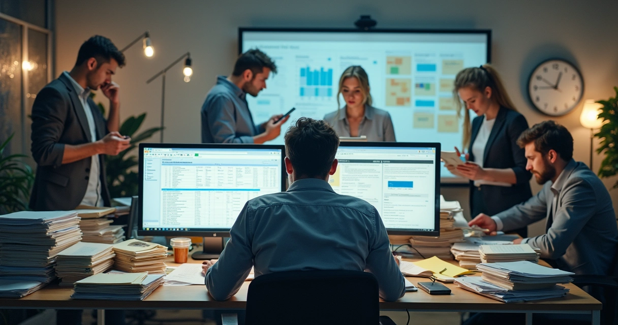 Equipe de escritório perdida procurando informações em pilhas de papéis e telas de computador 