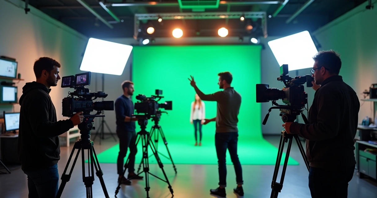 Equipe trabalhando na produção de vídeo em estúdio moderno com câmeras e equipamentos de filmagem 