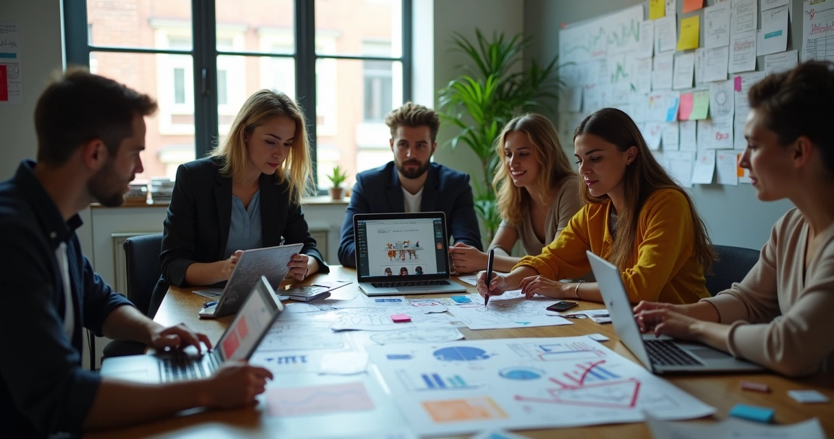 Equipe reunida em uma mesa de reunião, discutindo estratégias digitais em laptops e tablets 