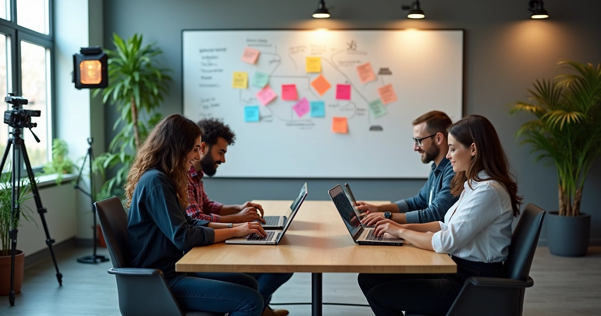 Profissionais de marketing produzindo conteúdo digital em escritório
