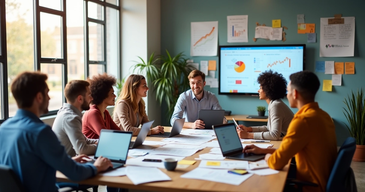 Equipe de marketing criando conteúdo para empresa SaaS 