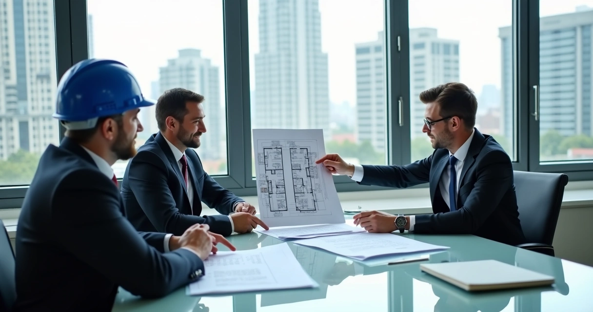 Equipe de engenheiro, arquiteto e advogado reunidos analisando documentos imobiliários 
