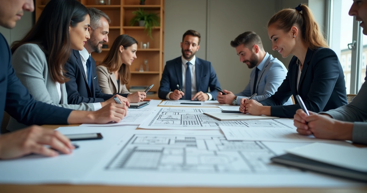 Equipe de profissionais analisando projeto imobiliário 