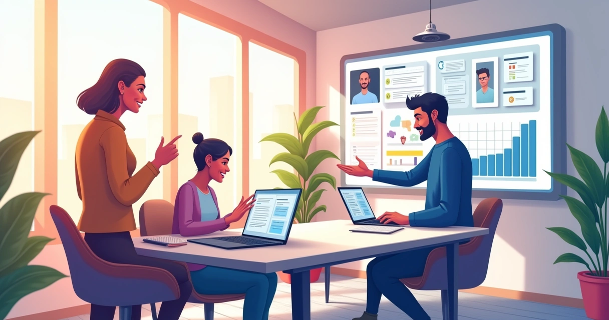 Equipa diversa em um escritório moderno utilizando software de gestão, focados em colaboração e comunicação com clientes.