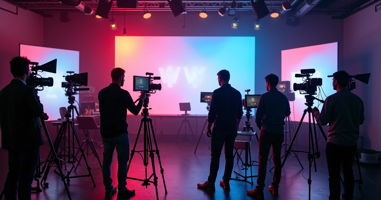 Equipe profissional organizando transmissão ao vivo com equipamentos de ponta 