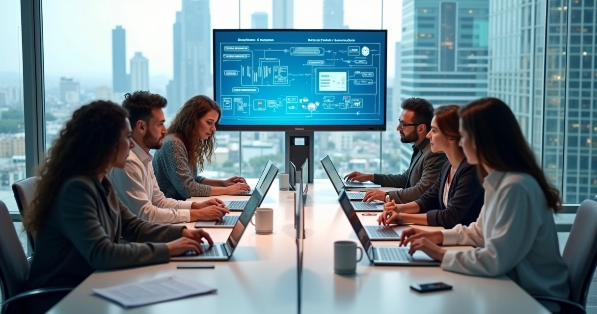 Equipe trabalhando no desenvolvimento de processos automatizados com IA 