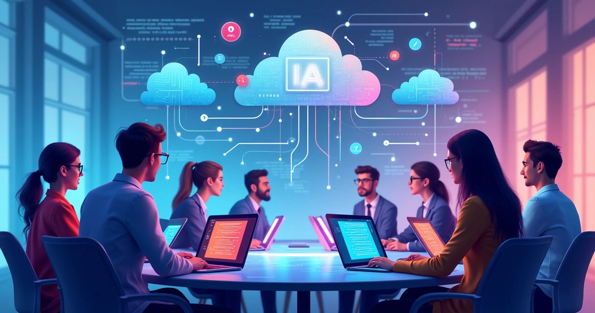 Equipe reunida programando em notebooks com interface de IA