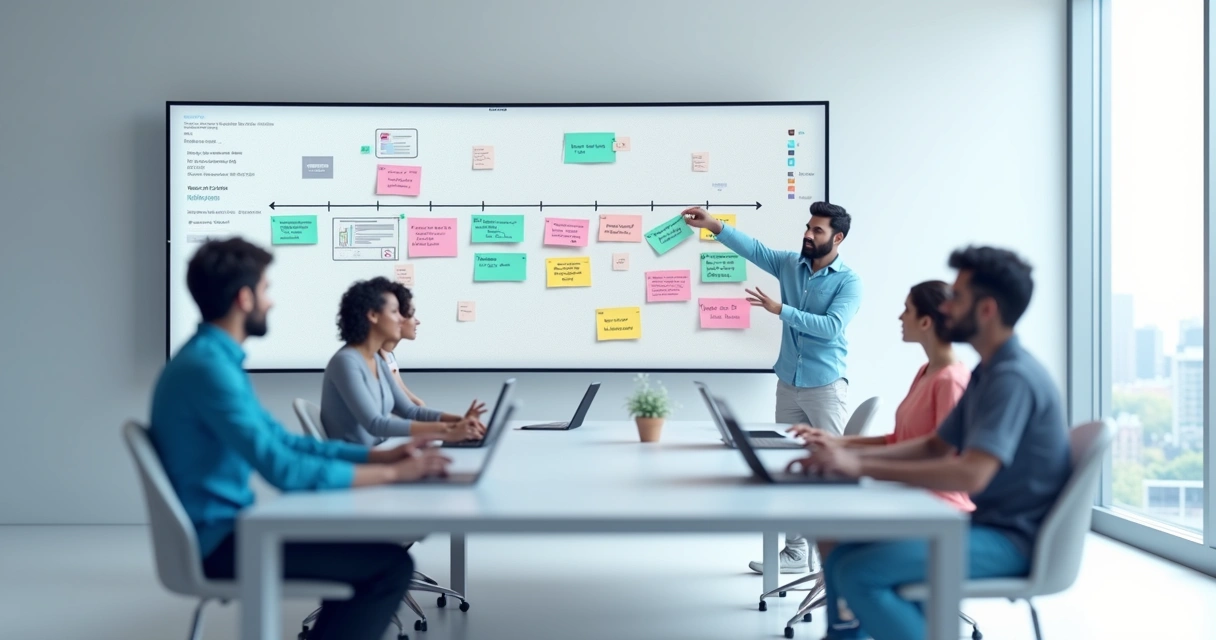 Equipe de TI adaptando projeto de software em reunião 