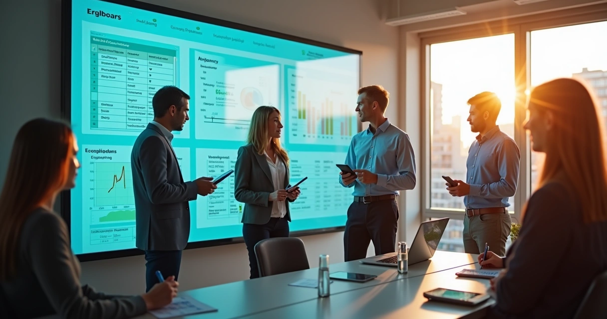 Equipe analisando dados de projetos em ERP em tela grande 