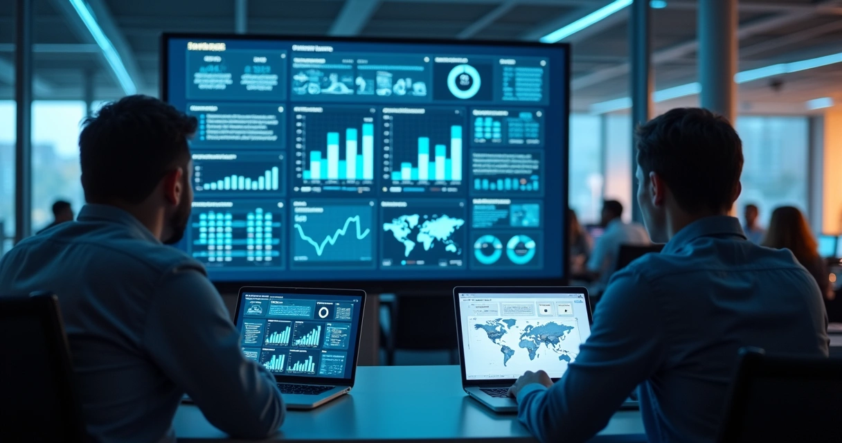 Equipe observando dashboard em escritório 