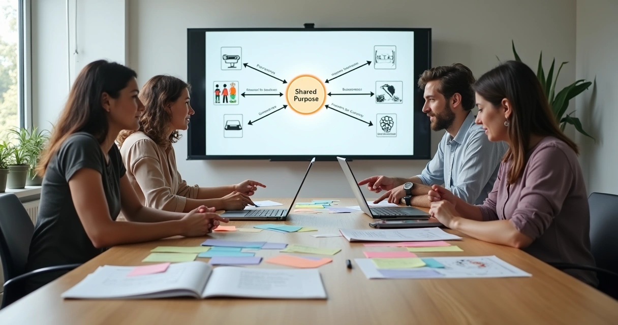 Equipe diversa em reunião alinhando propósito coletivo em projeto interdisciplinar 