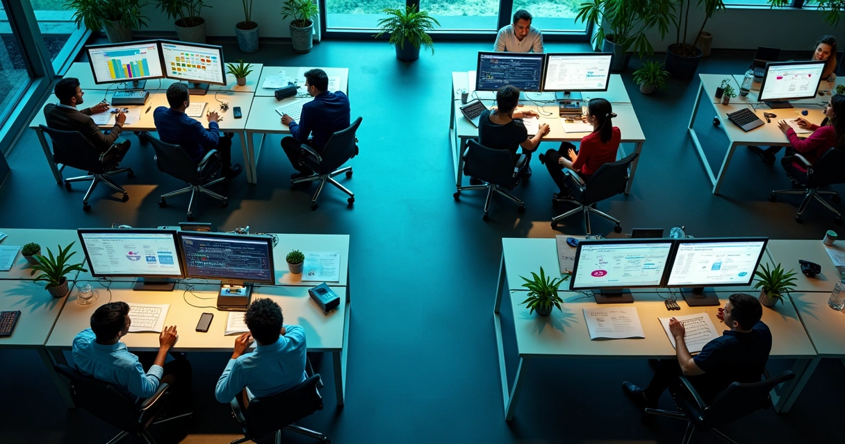 Equipes diferentes analisando tarefas do projeto em telas digitais 