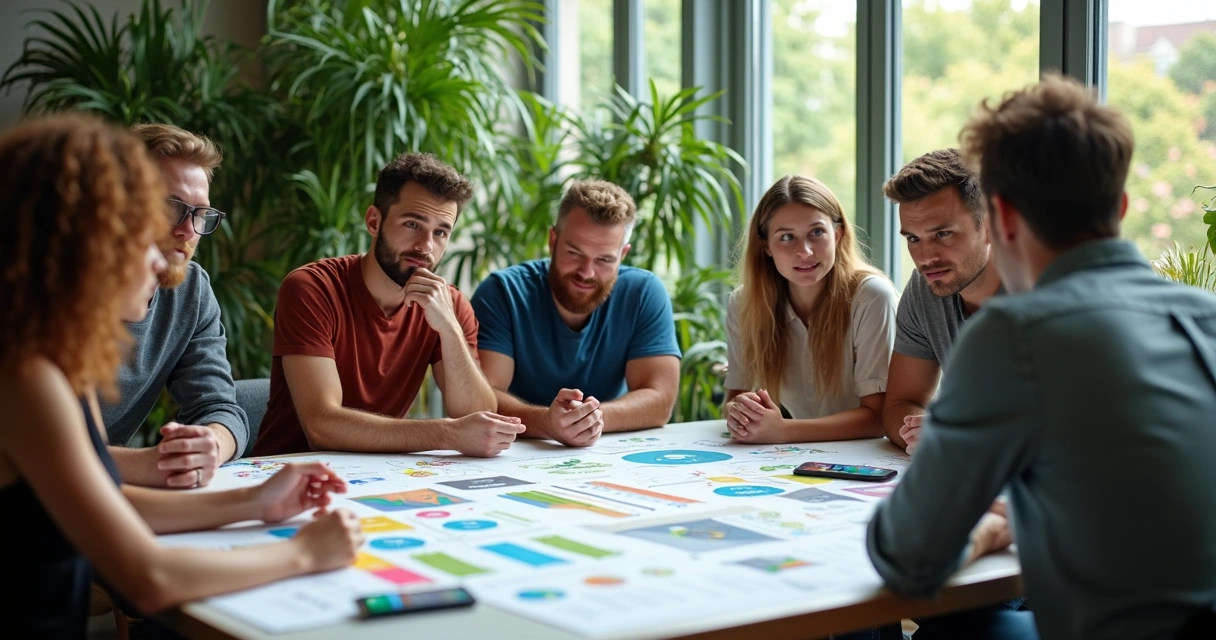 Equipe reunida analisando relatório de projeto de reciclagem 