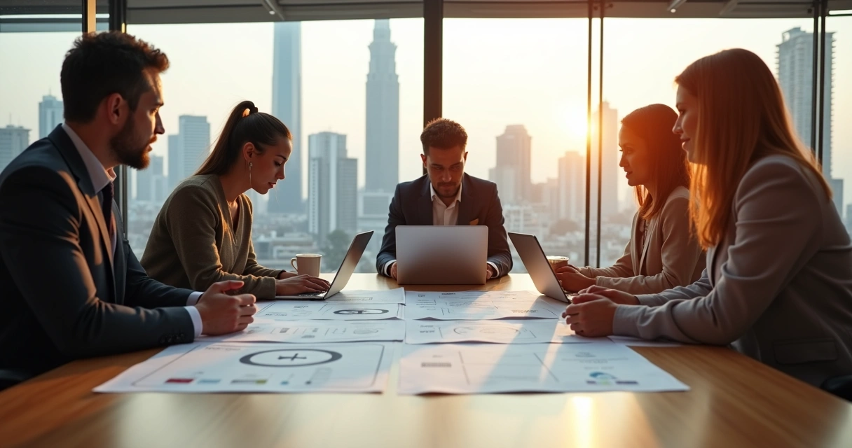 Equipe analisando projetos digitais em uma mesa de reunião 
