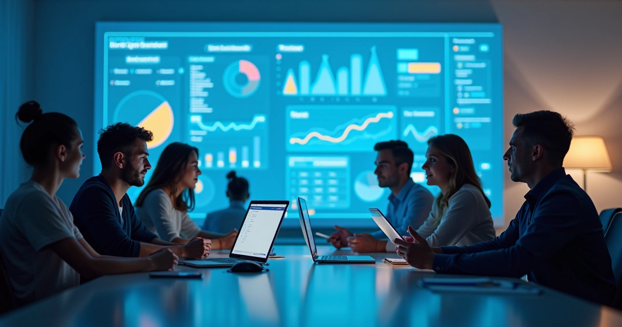 Equipe de projetos reunida em mesa discutindo tarefas, laptops abertos, gráfico digital ao fundo 