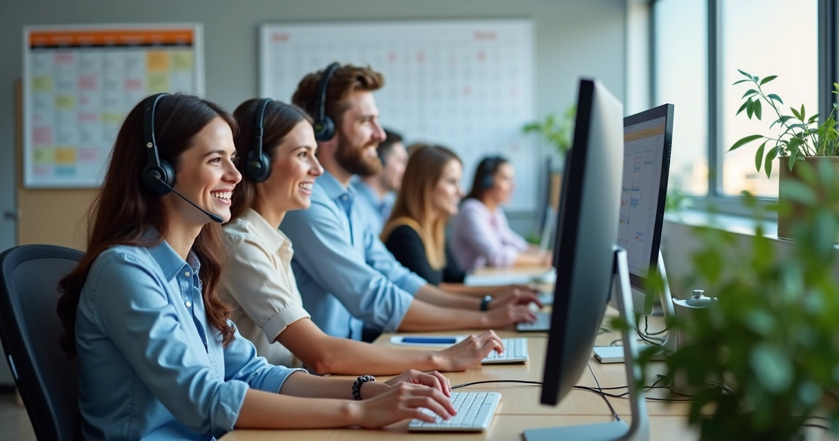 Equipe de atendimento de agência de viagens sorrindo e trabalhando em computadores durante feriado 