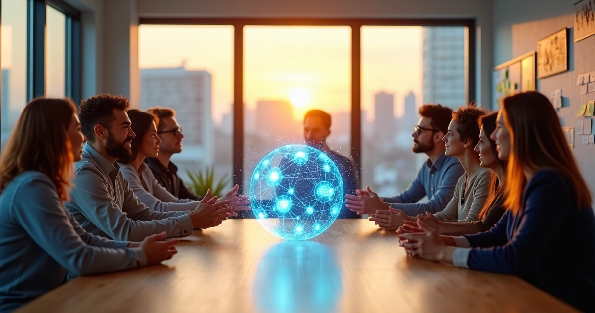 Equipe diversa em círculo unida em torno de mesa com holograma de propósito coletivo 