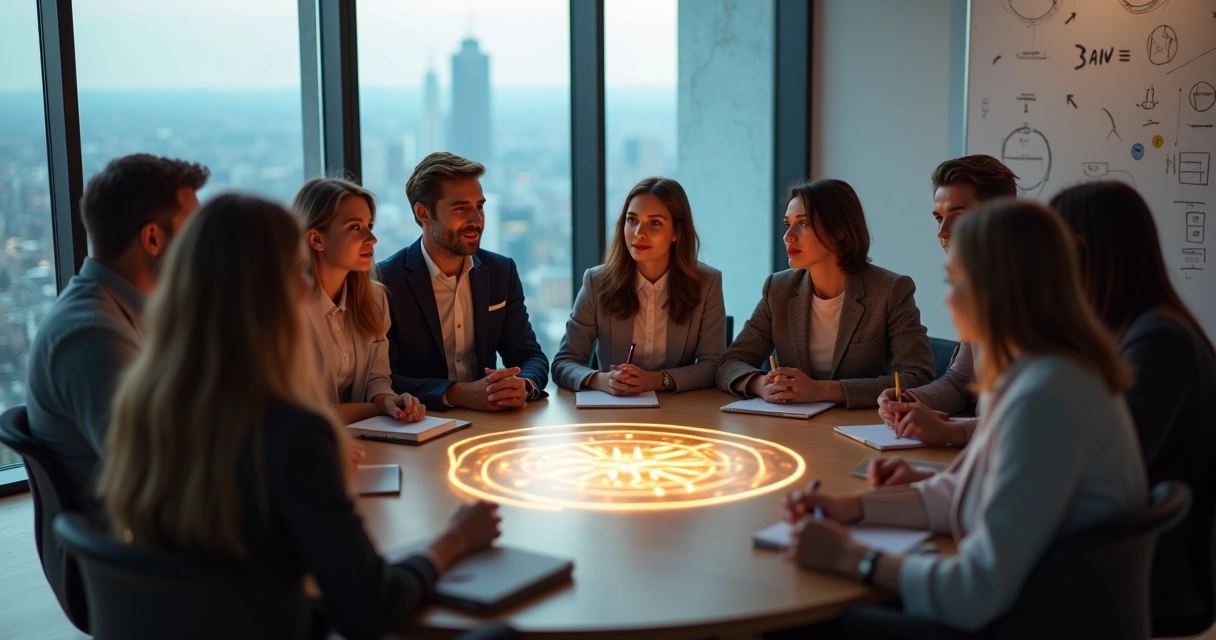 Equipe reunida em círculo em sala moderna com luz suave e foco em propósito comum 
