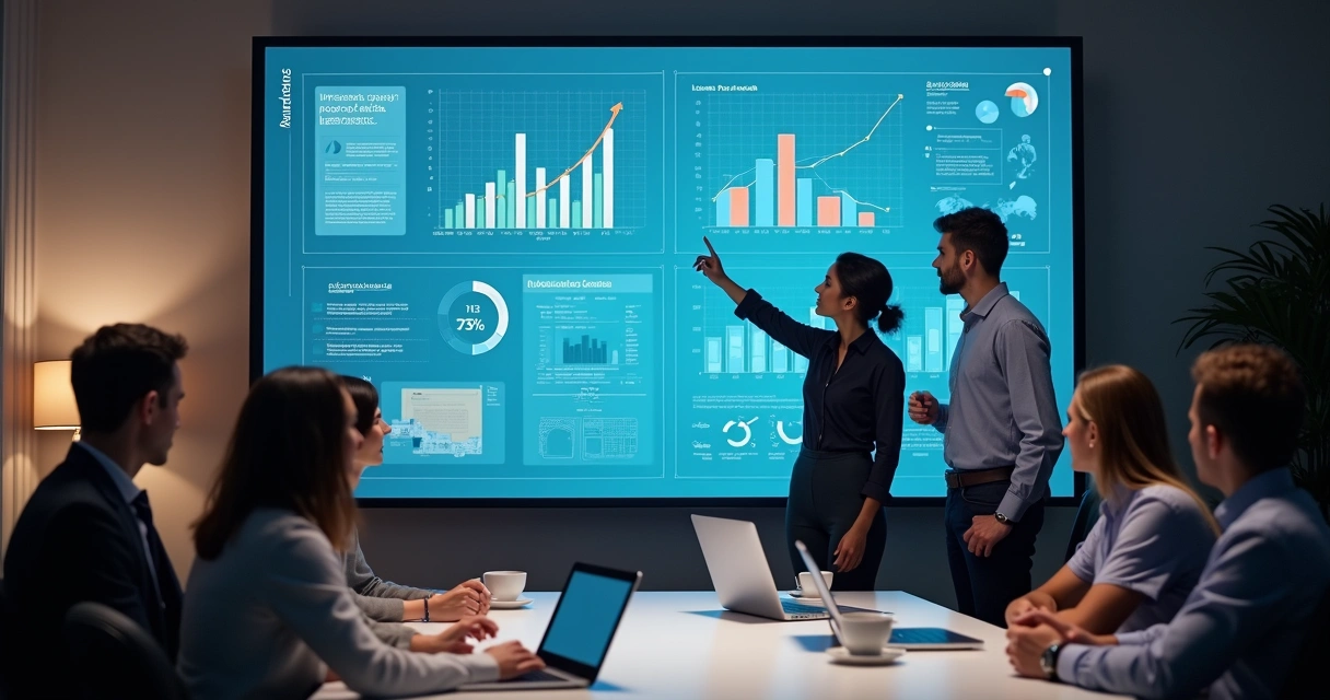 Equipe reunida olhando proposta digital na tela 