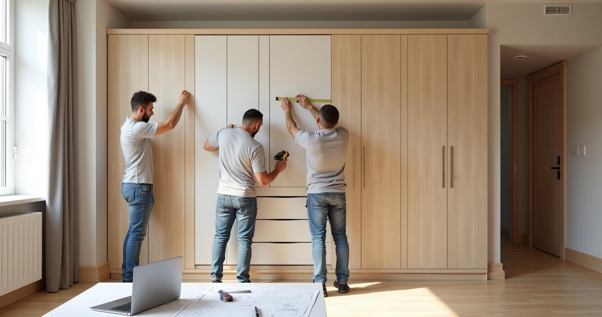 Equipe própria montando móveis planejados em ambiente residencial moderno 