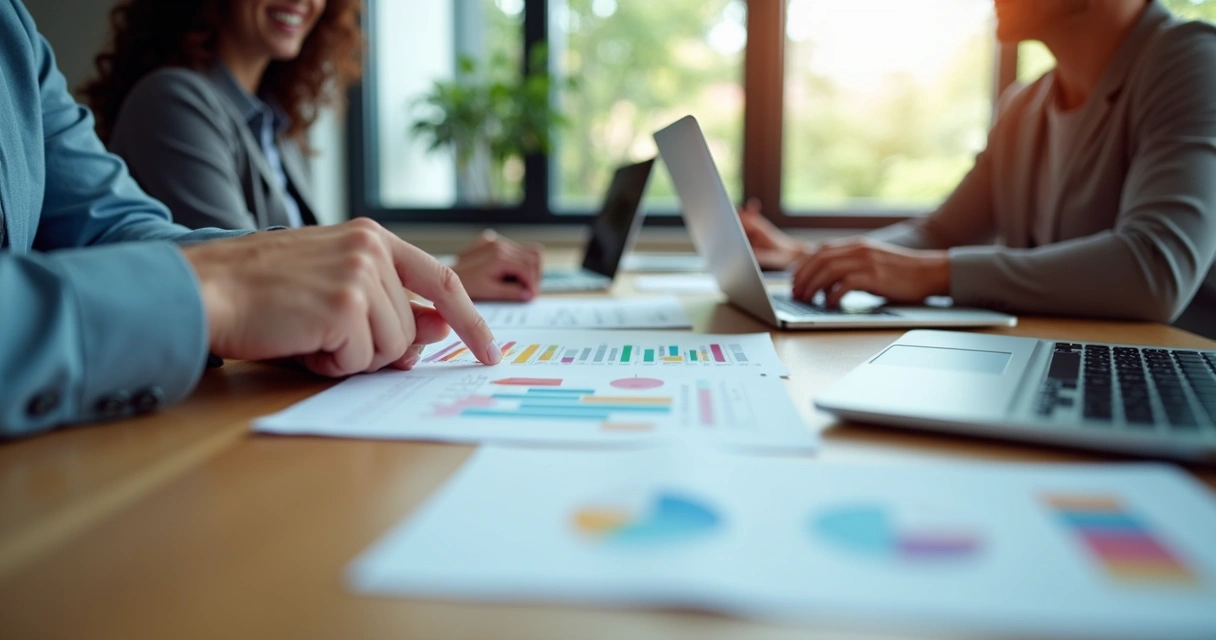 Equipe de profissionais ao redor de uma mesa analisando gráficos e estratégias de prospecção ativa 