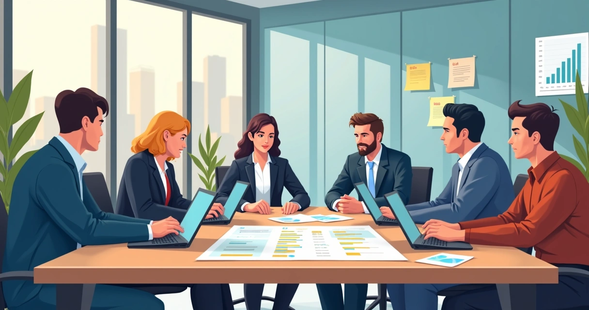 Equipe de vendas analisando lista de leads B2B em um escritório moderno 