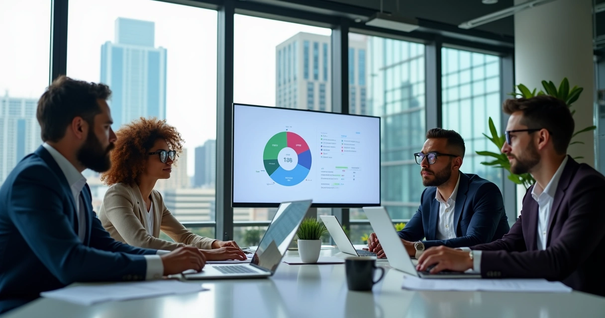 Equipe de vendas em ambiente corporativo usando computadores para prospecção ativa B2B 