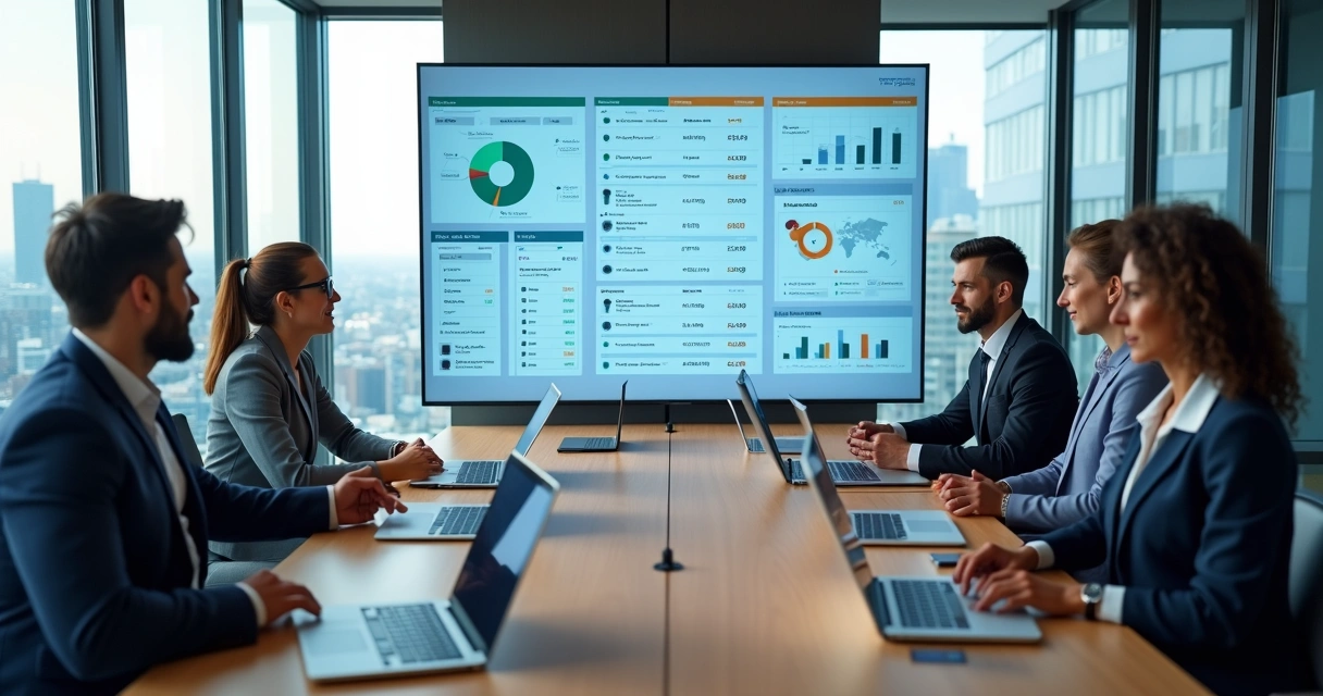 Equipe de vendas analisando dados B2B em painel digital 
