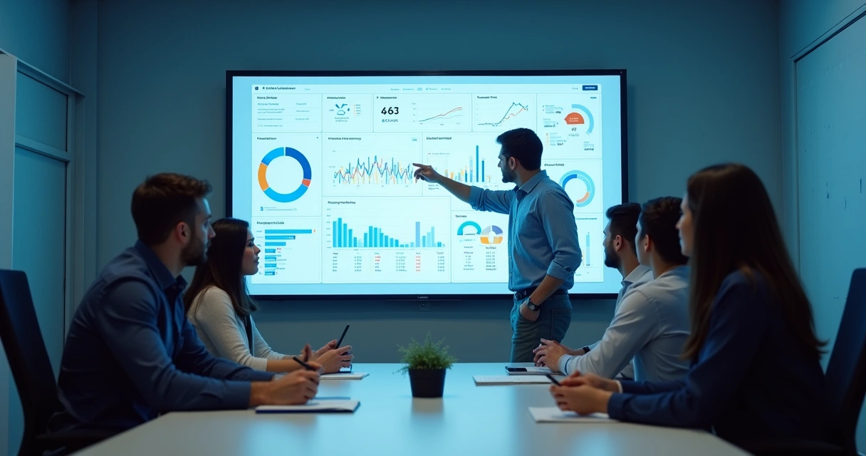 Equipe de vendas em reunião analisando dados em dashboard B2B 