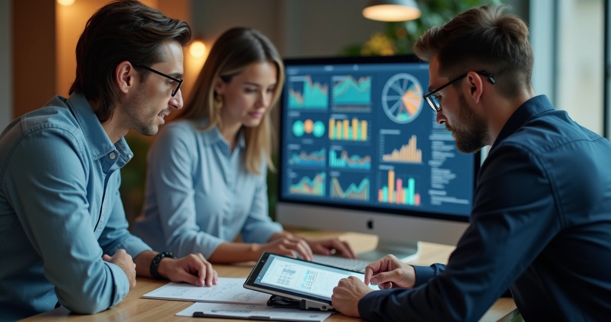 Equipe de vendas B2B reunida frente ao computador analisando dados de telefone integrados a planilhas 