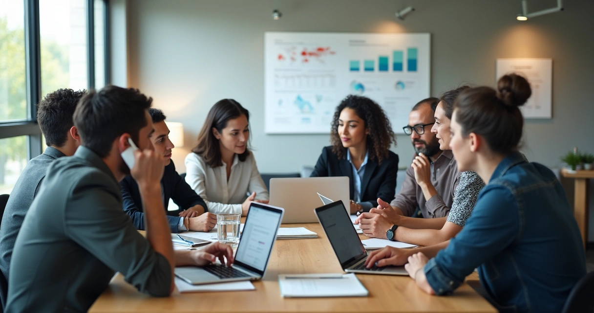 Equipe reunida em mesa de reunião com notebooks, realizando ligações para clientes com materiais de apoio sobre a mesa 