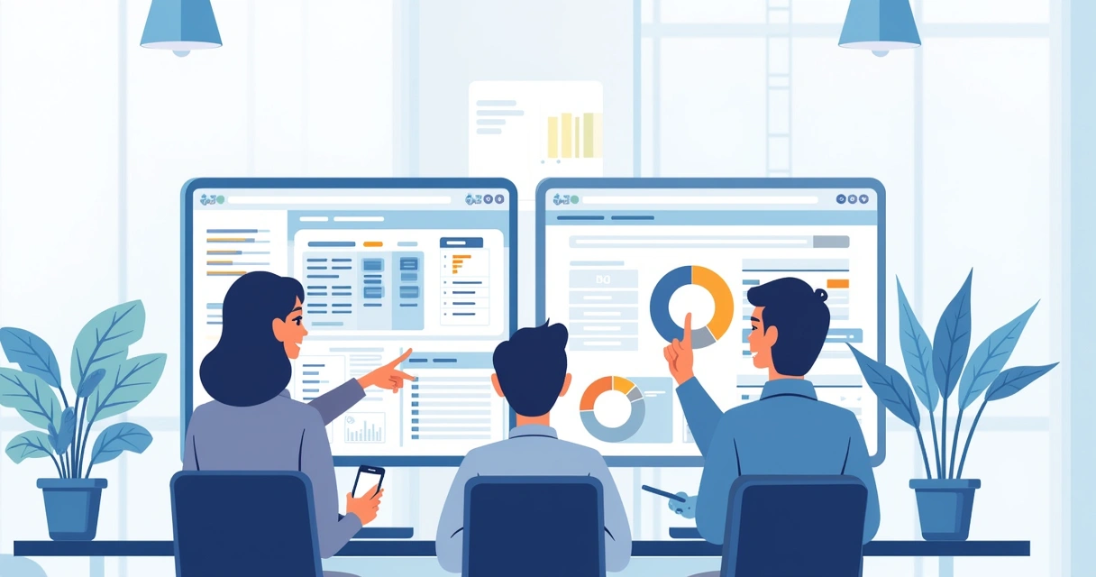 Equipe de vendas analisando dados em monitores grandes 