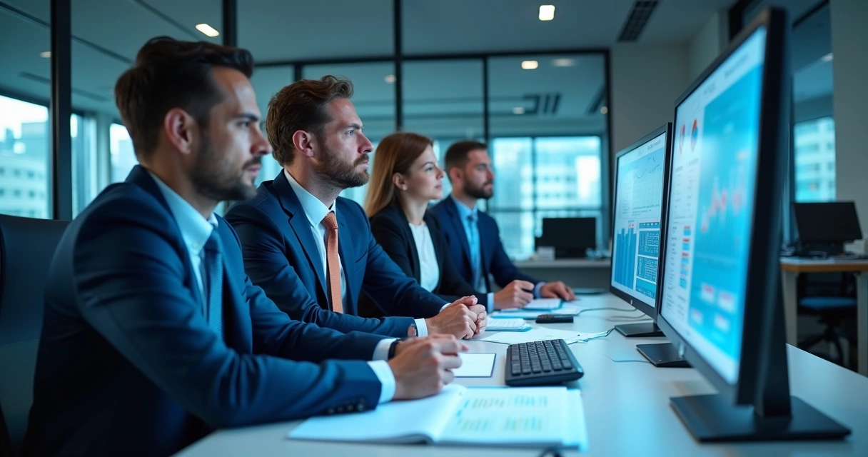 Equipe de pré-vendas analisando dados em telas 