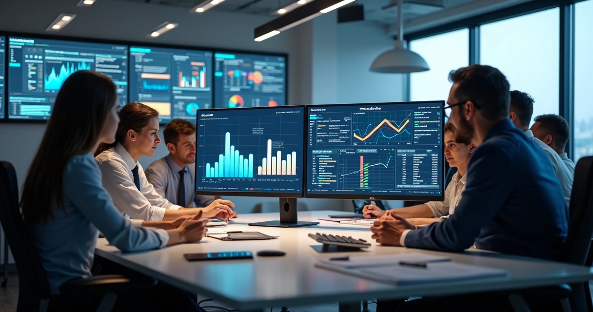 Equipe de profissionais analisando dados de prospecção B2B em telas de computador com gráficos e filtros ativos 