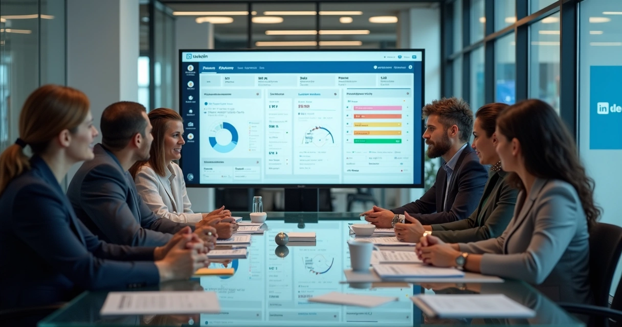 Equipe de prospecção B2B reunida analisando dados no LinkedIn 