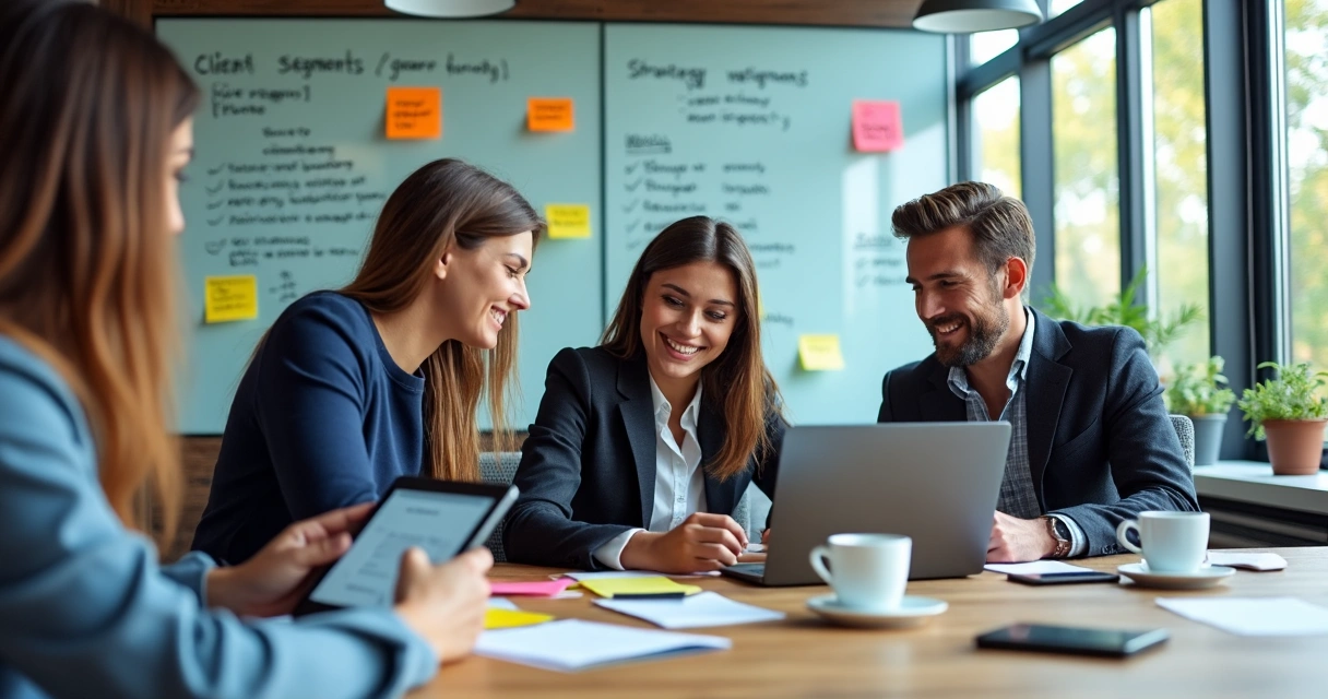 Equipe de vendas em reunião estratégica para captar clientes 
