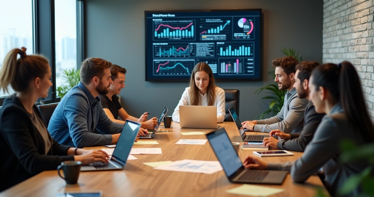 Equipe de vendas reunida em torno de uma mesa analisando gráficos e dados em notebooks 