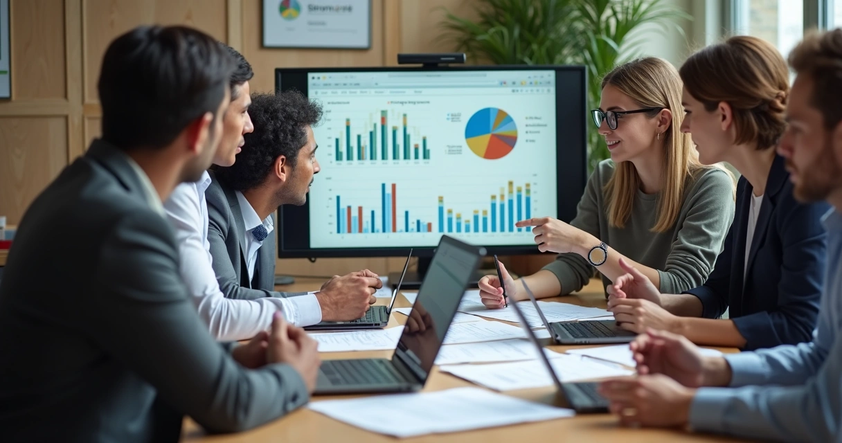 Equipe de vendas reunida em uma mesa analisando dados de prospecção 