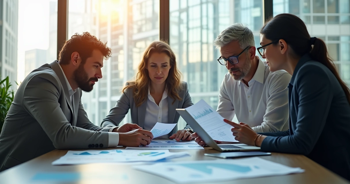 Equipe de vendas B2B reunida analisando dados para prospecção