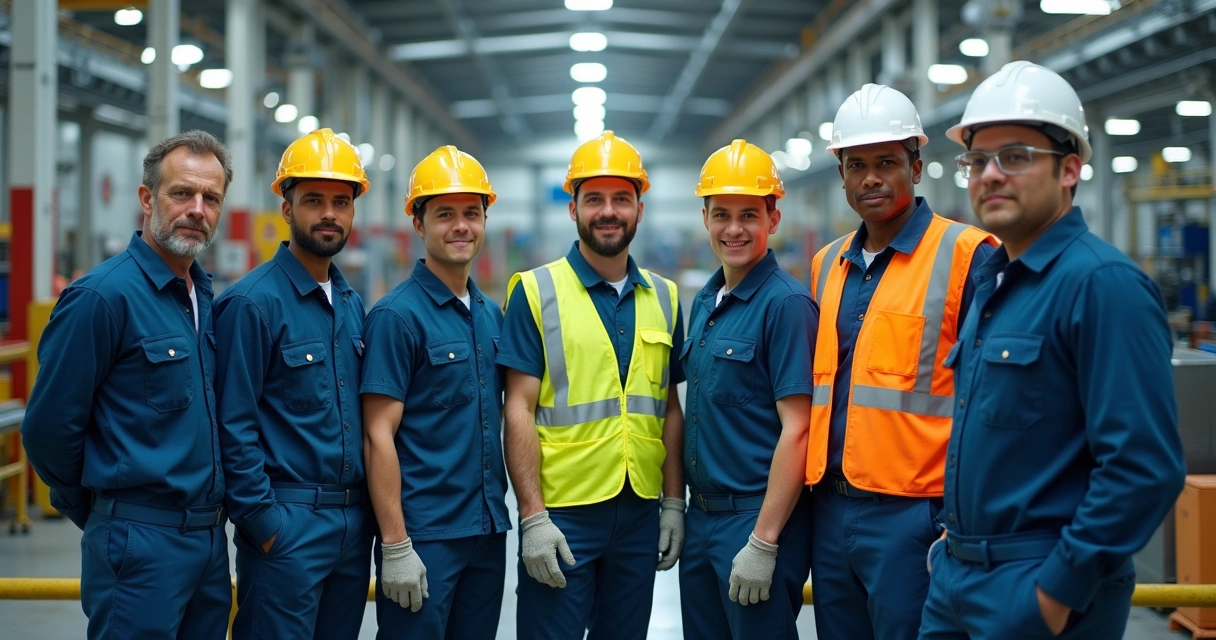 Equipe de trabalho industrial vestida com EPIs, posando em linha nas instalações da empresa. 