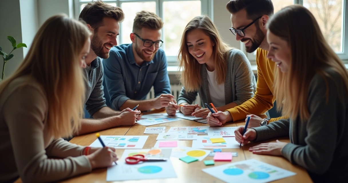 Equipe reunida prototipando ideias em papel sobre uma mesa 
