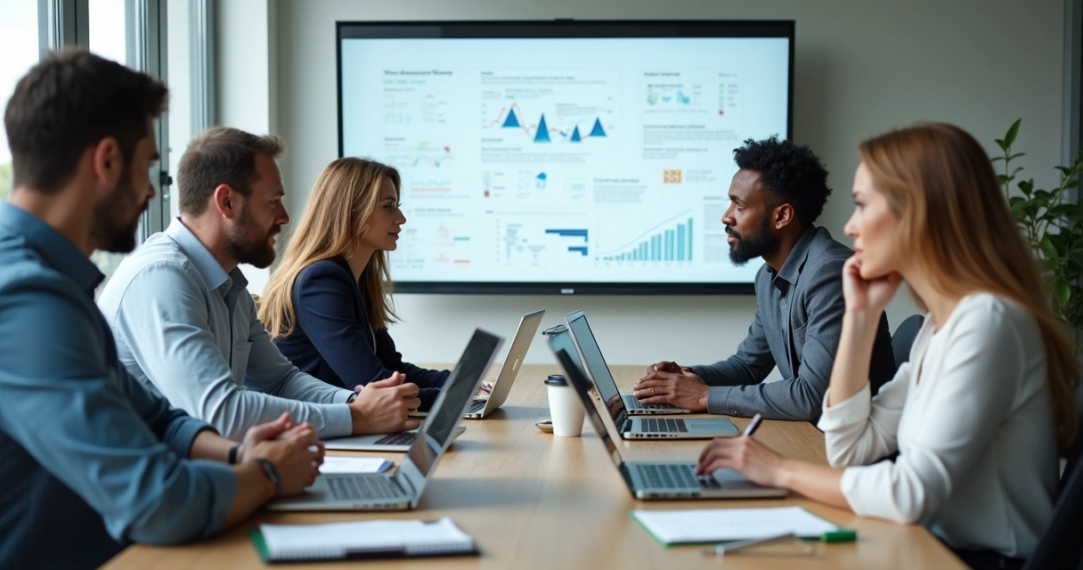 Equipe de trabalho reunida discutindo solução organizacional 