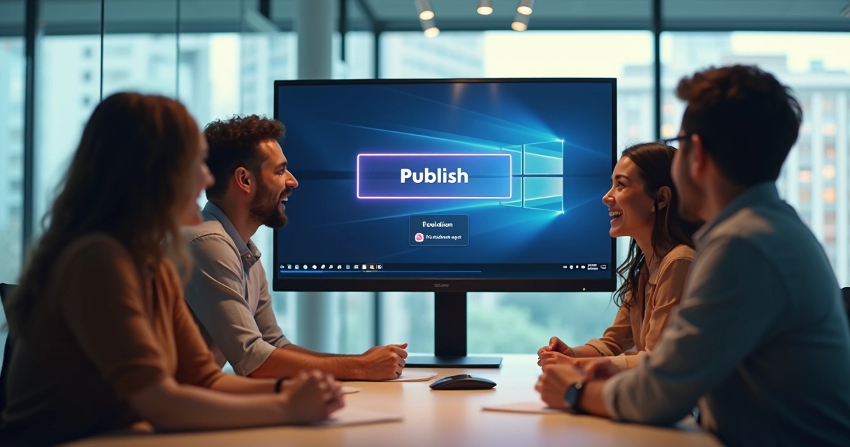 Equipe reunida em frente a tela publicando app no-code 