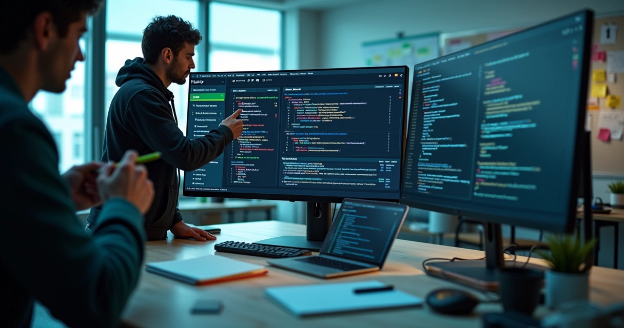 Equipe de TI colaborando em testes de software com painel de qualidade na tela 